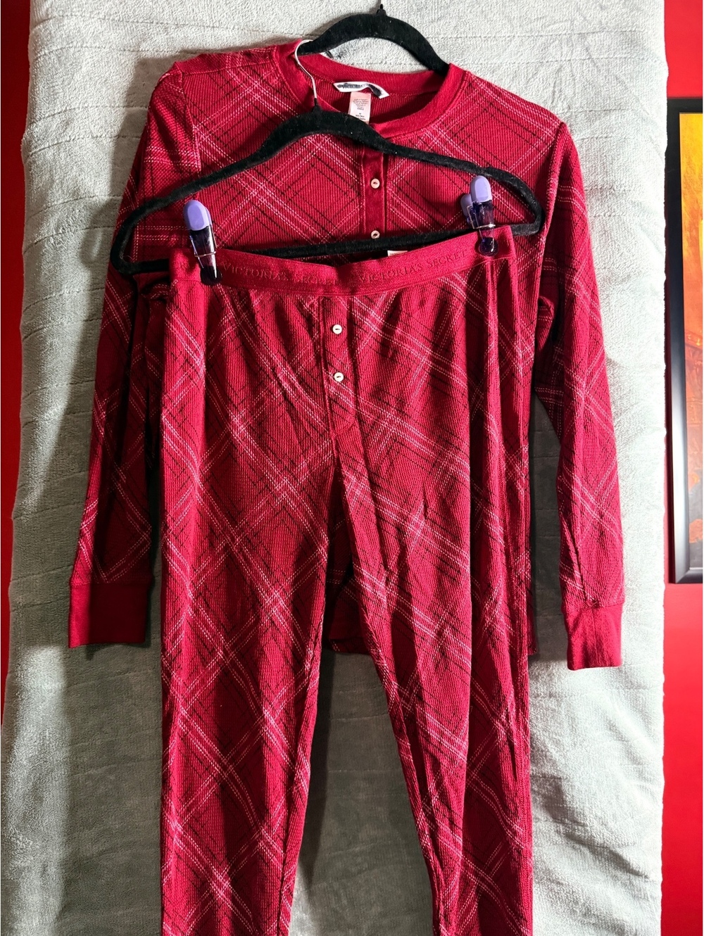 Victoria’s Secret Red Plaid Thermal Henley Pajama Set M Short Christmas NWOT